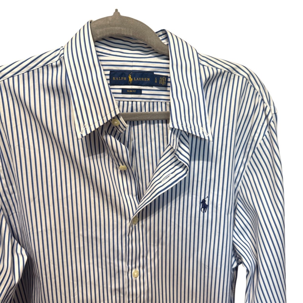 Ralph Lauren Button Down Shirt Striped Large Blue White Slim Fit Long Sleeve - Picture 4 of 6